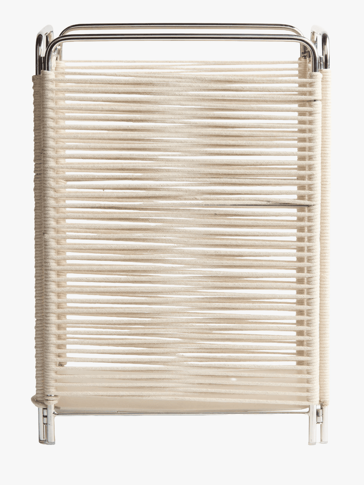 A folding basket with white string